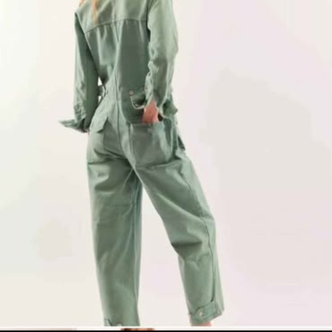 P-Free People Sandwashed Green Denim Jumpsuit Sz M