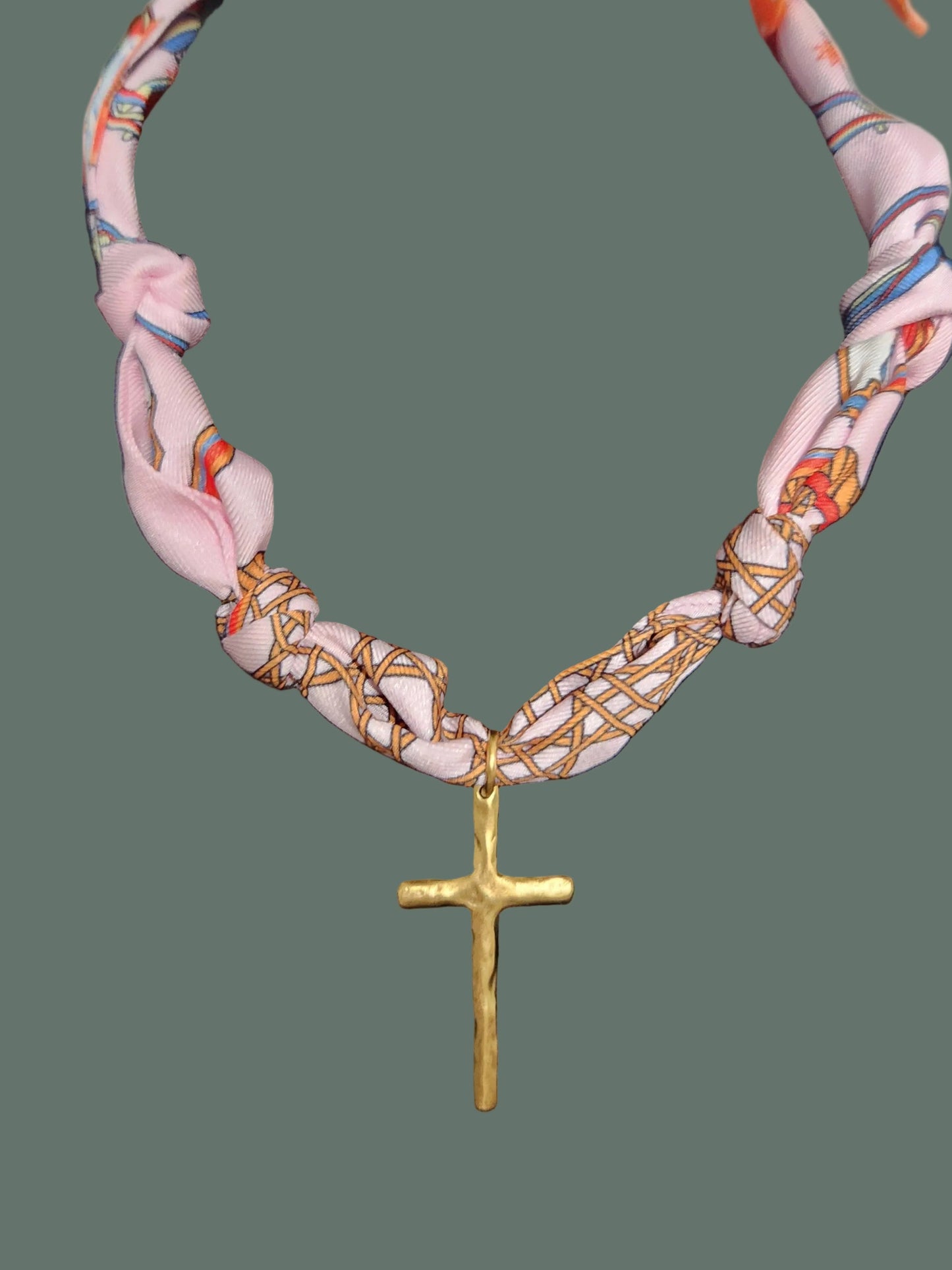 Scarf Necklace with Organic Gold Cross